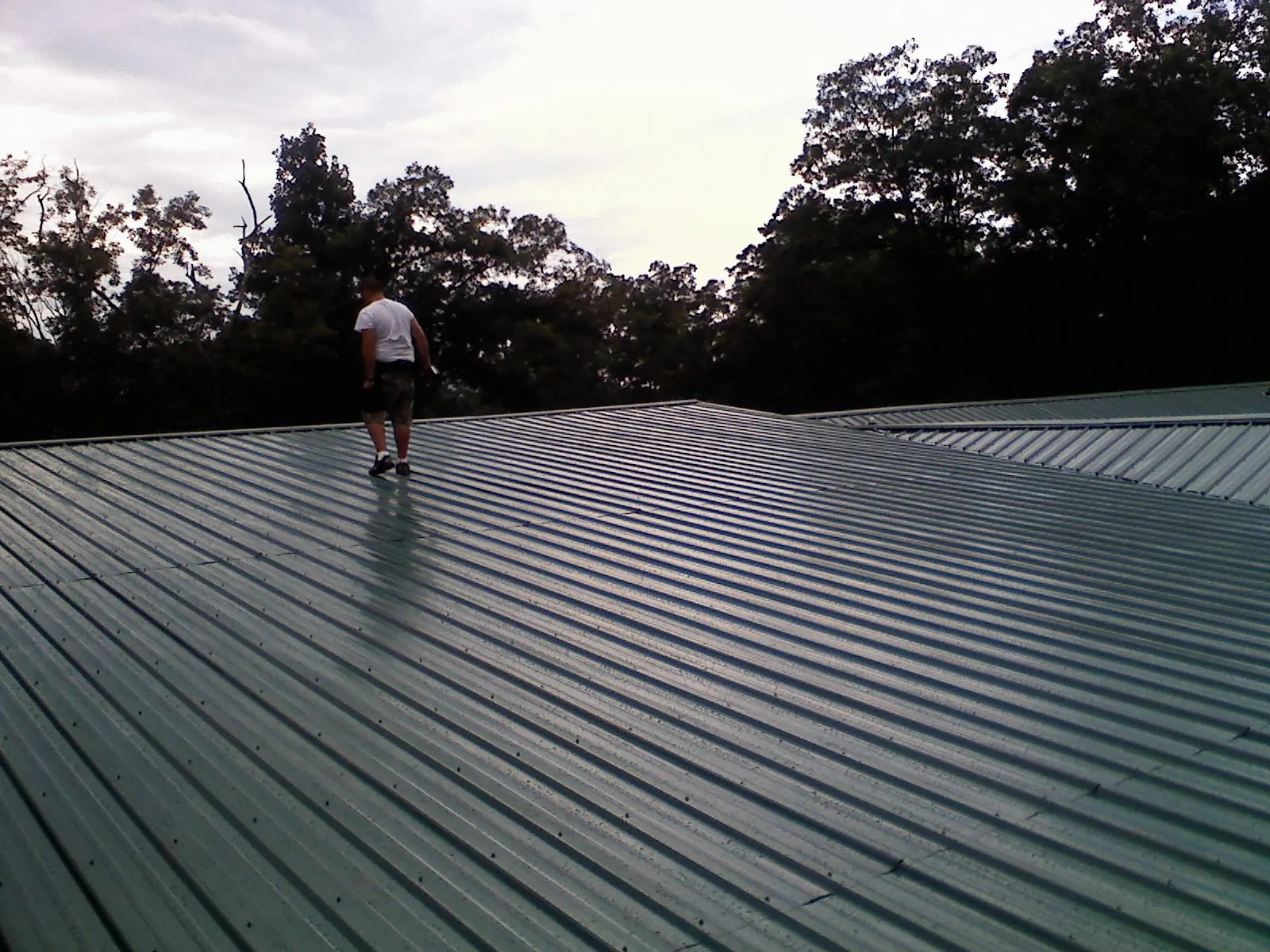 Roofer walking a wide expanse of new green metal roofing in Tappahannock